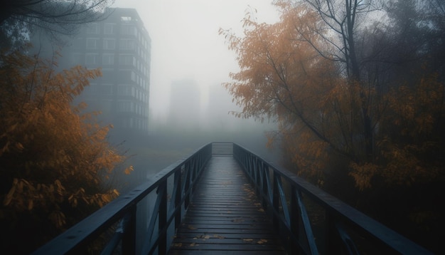 Kostenloses Foto fluchtpunkt im nebel, gruseliges herbstgeheimnis, generiert von ki