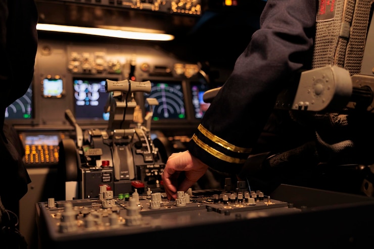 Kostenlose Foto flugzeugbesatzungsmitglied, das den befehl des bedienfelds in der dashboard-navigation verwendet, um ein flugzeug im cockpit zu fliegen. weibliches verkehrsflugzeug in der kabine mit motor und schalthebel. nahansicht.