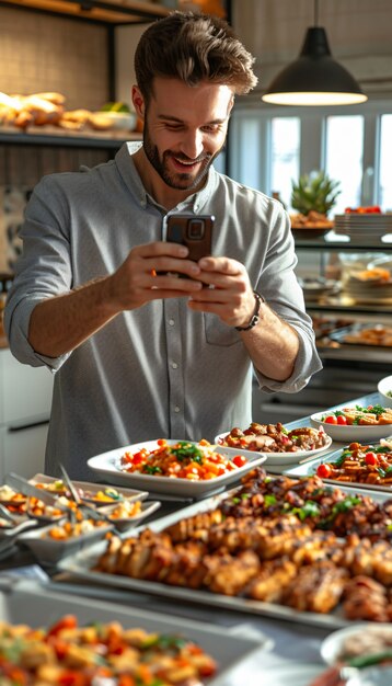 Food-Content-Schöpfer, der eine Vielzahl von Gerichten filmt, um sie im Internet hochzuladen