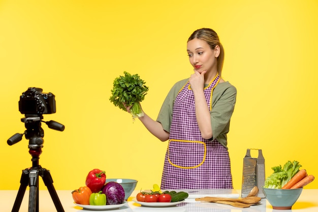 Foodblogger, junger Fitnesskoch, der Videos für soziale Medien aufzeichnet, die Salat machen