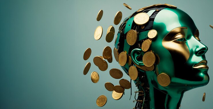 Kostenlose Foto fortgeschrittener technologischer roboter, der mit geld und finanzen interagiert