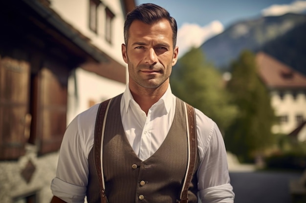 Foto eines europäischen Mannes in traditioneller Tiroler Kleidung vor dem Hintergrund eines typisch deutschen vi