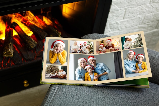 Fotocollage aus neun Bildern mit Winterkonzept. Ferienzeit. offenes fotobuch mit weihnachtsfotos