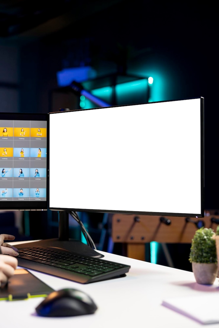 Kostenlose Foto fotograf, der eine fortschrittliche fotobearbeitungssoftware auf einem isolierten bildschirmmonitor verwendet