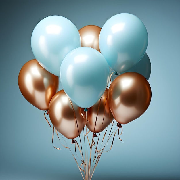 Fotografie von goldenen und blauen Luftballons auf hellblauem Hintergrund