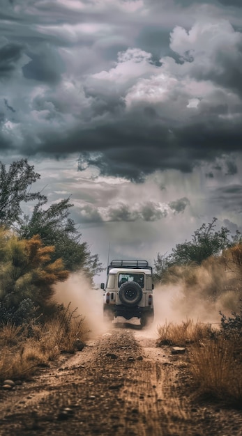 Fotorealistische Ansicht eines Geländefahrzeugs mit Natur, Gelände und Wetterbedingungen
