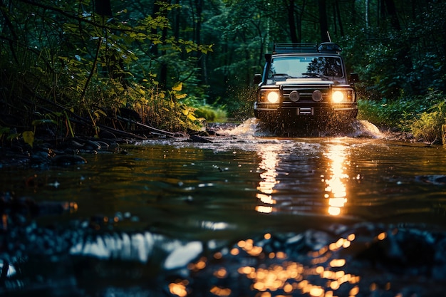 Fotorealistische Ansicht eines Geländewagens mit Natur, Gelände und Wetterbedingungen