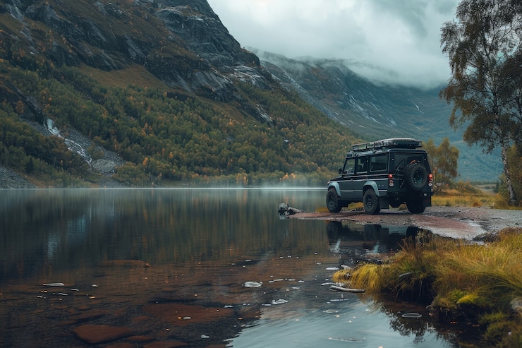 Kostenlose Foto fotorealistische ansicht eines geländewagens mit natur, gelände und wetterbedingungen