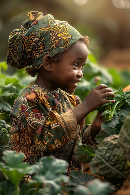 Kostenloses Foto fotorealistische ansicht von afrikanern, die gemüse und getreide ernten