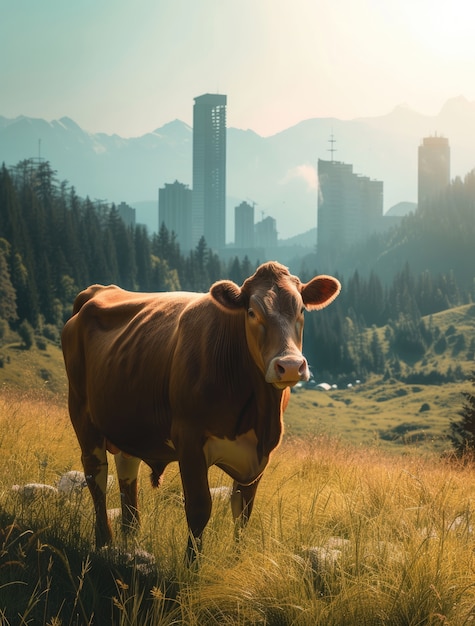 Kostenloses Foto fotorealistische ansicht von kühen, die im freien weiden, mit städtischer landschaft