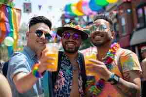 Kostenloses Foto fotorealistische bunte regenbogenfarben mit männern, die gemeinsam den stolz feiern