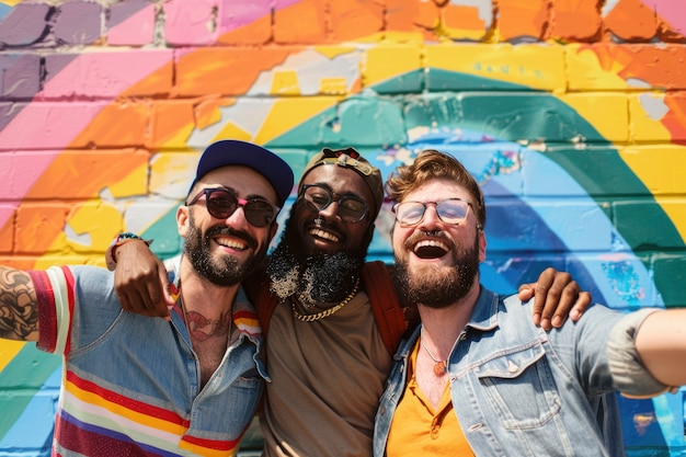 Kostenloses Foto fotorealistische bunte regenbogenfarben mit männern, die gemeinsam den stolz feiern