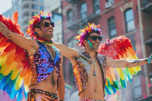 Kostenloses Foto fotorealistische bunte regenbogenfarben mit männern, die gemeinsam den stolz feiern