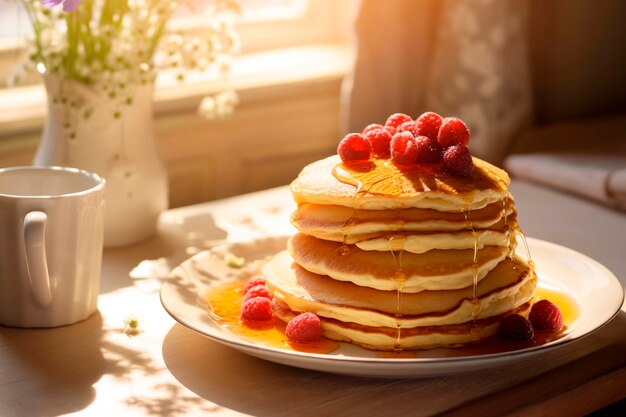 Fotorealistische Pfannkuchen mit Himbeeren