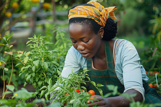 Fotorealistische Sicht auf eine Frau, die in einem ökologisch nachhaltigen Garten erntet