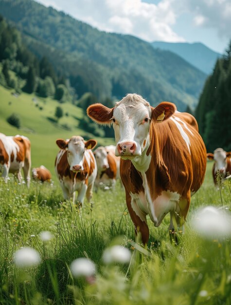 Fotorealistische Sicht auf Kühe, die in der Natur im Freien weiden