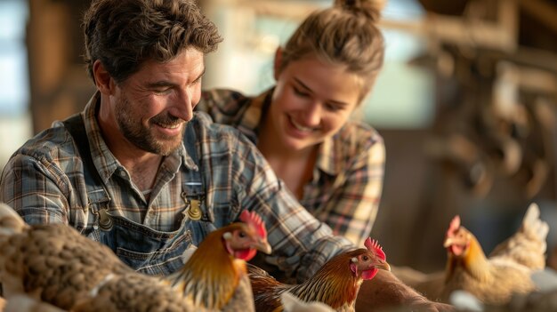 Fotorealistische Szene einer Geflügelfarm mit Menschen und Hühnern