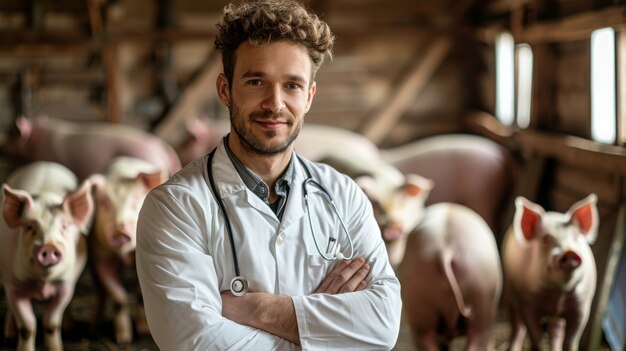 Fotorealistische Szene mit einer Person, die sich um eine Schweinefarm kümmert