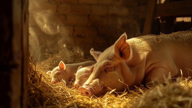 Fotorealistische Szene mit Schweinen, die auf einem Bauernhof aufgezogen werden