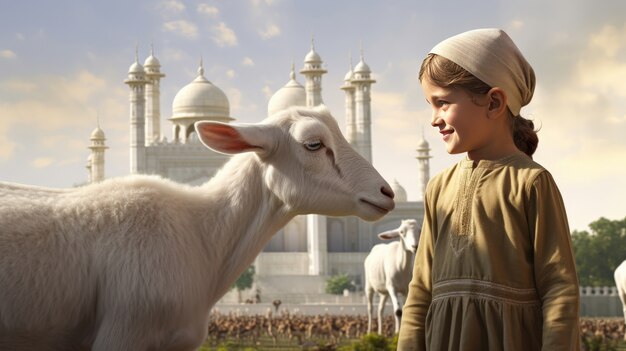 Fotorealistischer Blick auf muslimische Menschen mit Tieren, die für das Eid al-Adha-Offer vorbereitet wurden