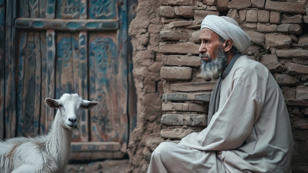 Fotorealistischer Blick auf muslimische Menschen mit Tieren, die für das Eid al-Adha-Offer vorbereitet wurden