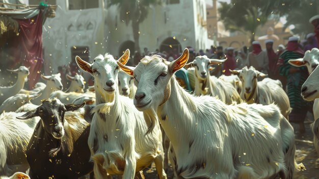 Fotorealistischer Blick auf muslimische Menschen mit Tieren, die für das Eid al-Adha-Offer vorbereitet wurden