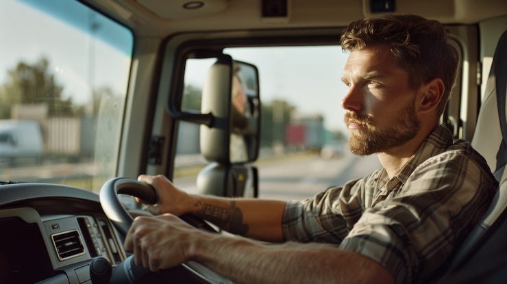 Kostenlose Foto fotorealistischer mann fährt einen lkw