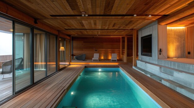 Fotorealistisches Innenraum eines Holzhauses mit Holzdekorationen und -möbeln