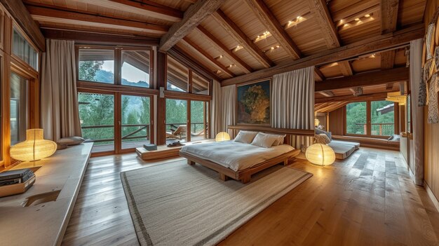 Fotorealistisches Innenraum eines Holzhauses mit Holzdekorationen und -möbeln