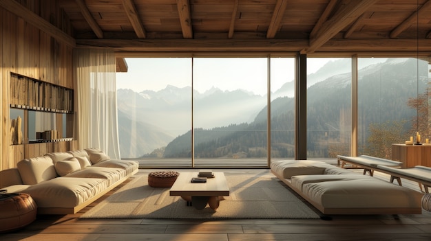 Fotorealistisches Interieur eines Holzhauses mit Holzdekorationen und -möbeln