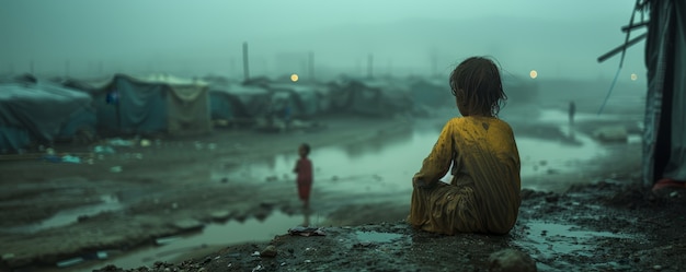 Fotorealistisches Kind im Flüchtlingslager