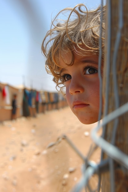Kostenloses Foto fotorealistisches kind im flüchtlingslager