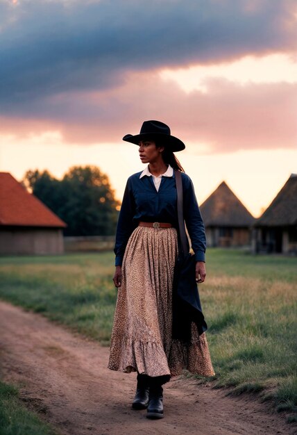 Fotorealistisches Porträt einer weiblichen Cowboy bei Sonnenuntergang