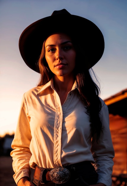 Fotorealistisches Porträt einer weiblichen Cowboy bei Sonnenuntergang