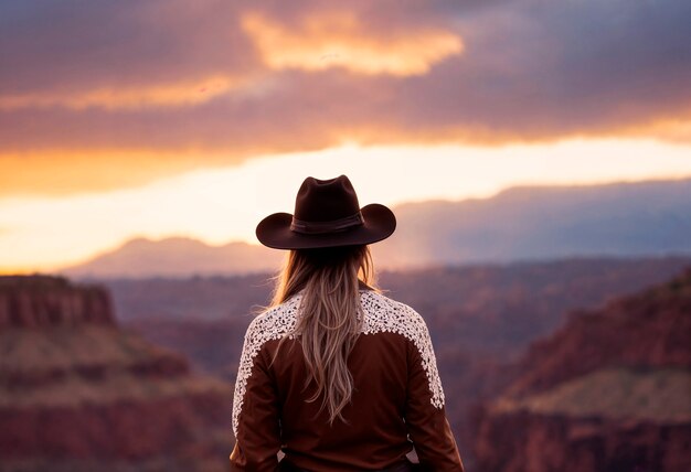 Fotorealistisches Porträt einer weiblichen Cowboy bei Sonnenuntergang