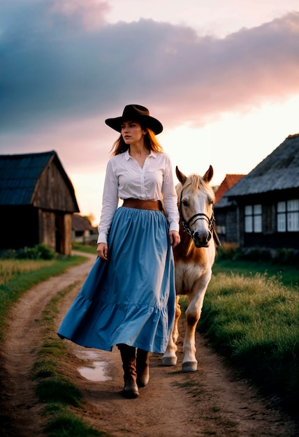 Fotorealistisches Porträt einer weiblichen Cowboy bei Sonnenuntergang