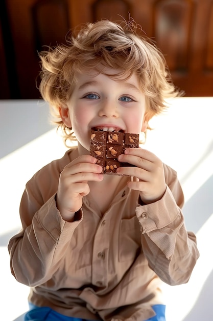 Kostenloses Foto fotorealistisches porträt eines kindes, das schmackhafte und süße schokolade isst