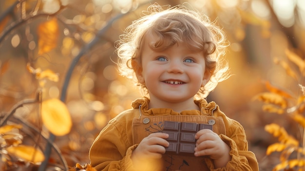 Fotorealistisches Porträt eines Kindes, das schmackhafte und süße Schokolade isst