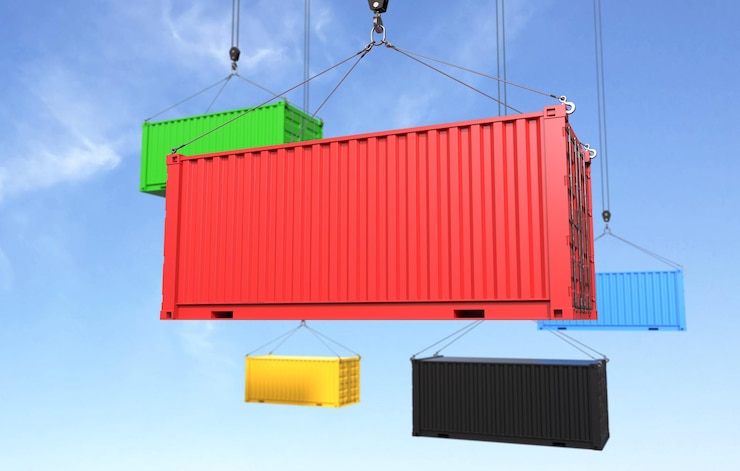 Kostenlose Foto frachtcontainer, der am blauen himmel hängt