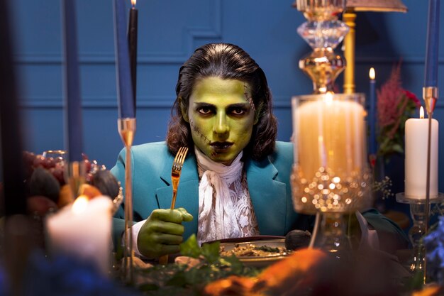 Frankenstein sitzt an einem Tisch vor der Vorderseite