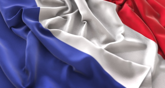 Frankreich Flagge gekräuselt schön Winken Makro Nahaufnahme Schuss