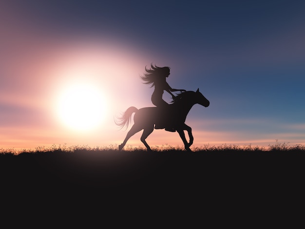 Frau 3D, die ihr Pferd in einer Sonnenunterganglandschaft reitet