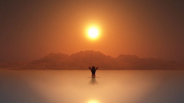 Frau 3D im Meer bei Sonnenuntergang