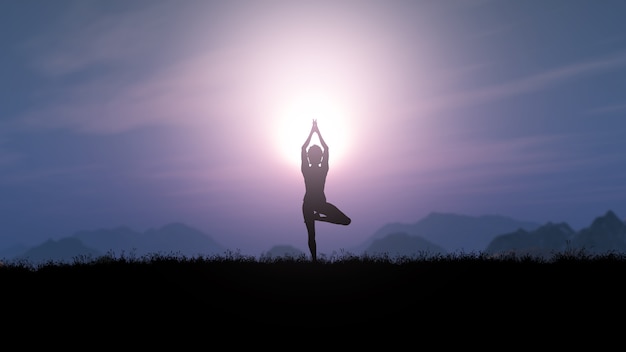 Frau 3D in der Yogahaltung gegen eine Sonnenunterganglandschaft