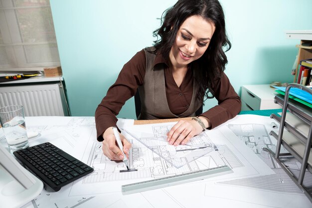 Frau am schreibtisch mit blaupausen vor sich. arbeiten an neuen projekten. architektur und design