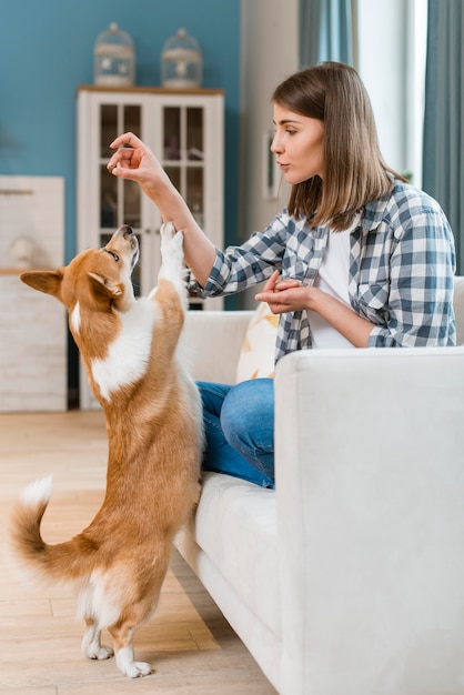 Frau auf der Couch, die ihrem Hund eine Belohnung gibt