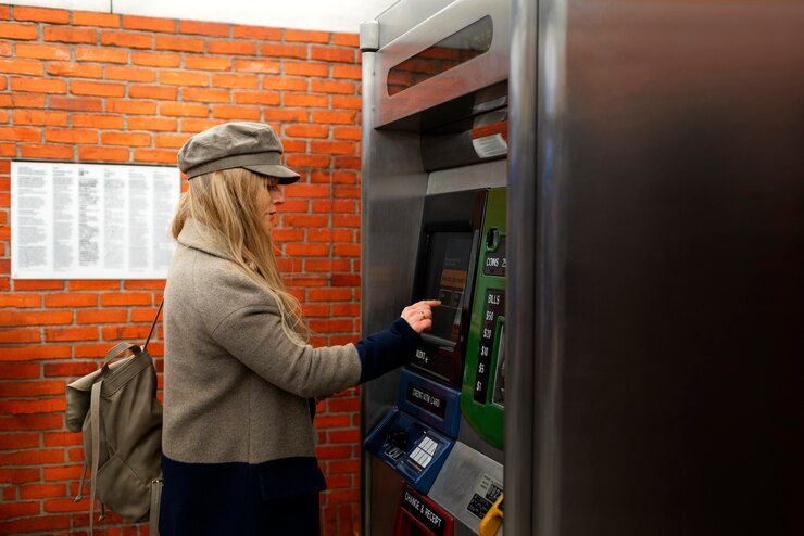Kostenlose Foto frau benutzt einen metro-karten-automaten in der stadt