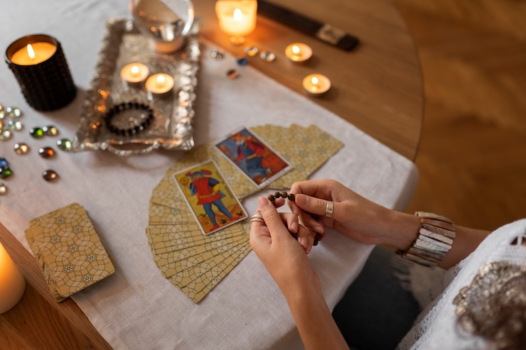Kostenlose Foto frau des hohen winkels, die tarot liest