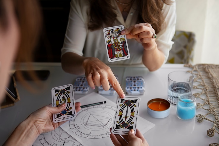 Kostenlose Foto frau des hohen winkels, die tarot liest