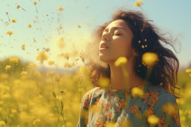 Frau, die an einer Allergie leidet, weil sie draußen Blütenpollen ausgesetzt ist